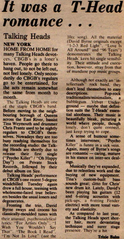 Talking Heads NME Review January 8th 1977