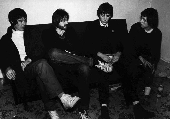 Barry Cain (with the beard) interrogates the Buzzcocks in Manchester 1977 (DC Collection)