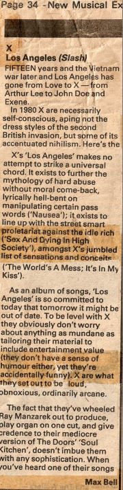 Not a very positive X 'Los Angelese review - NME April 1980 (DC Collection)